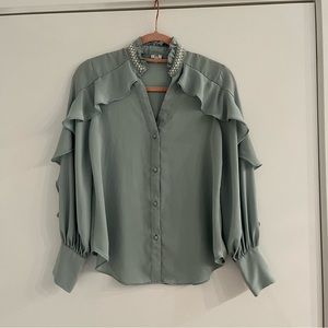 River Island Blouse with ruffles and pearl and beaded embellishments on collar